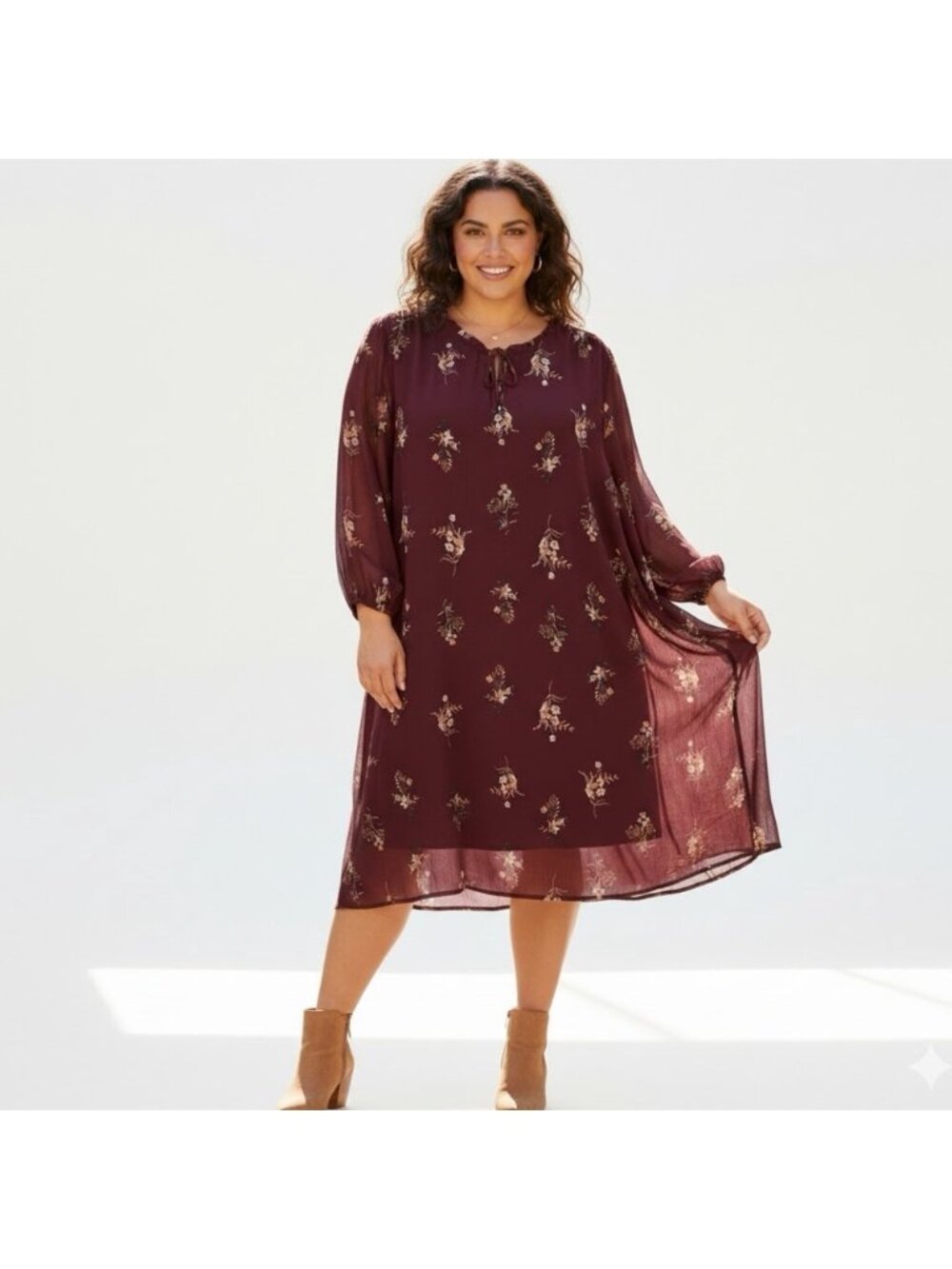 Penningtons Burgundy Floral Long Sleeve Shift Dress Chiffon Knee Length size 5X